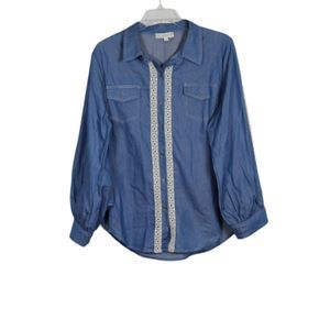 Weekend Suzanne Betro Blue Women's Long Sleeve Top Lace Trim 3X 039